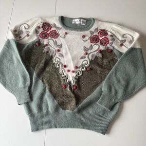 Lisa & Me Lambswool Angora Blend 3D Knit Hand Embroidered Sweater Floral Size L